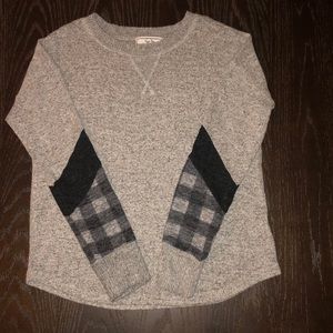 Hippie Rose Round Neck Sweater with Plaid Sleeve
